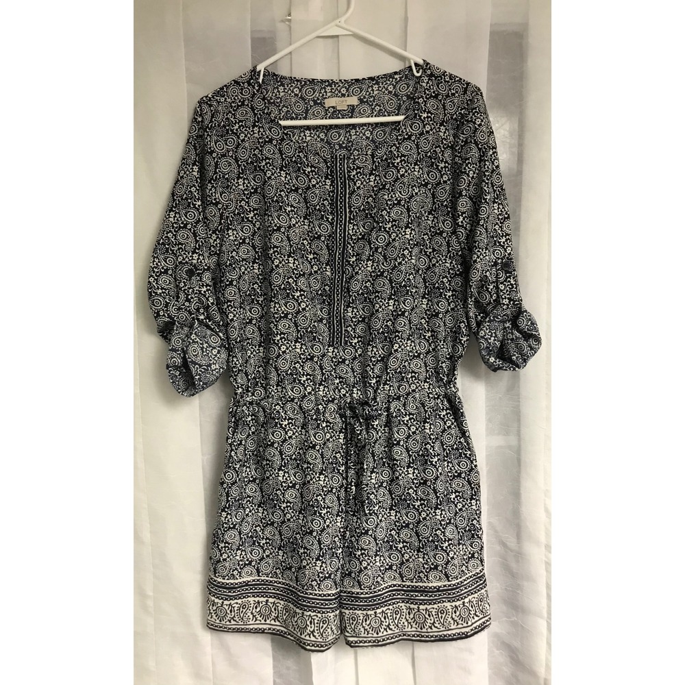 LOFT Navy Blue White Paisley Print Button‎ Front Drawstring Waist Romper Size 2